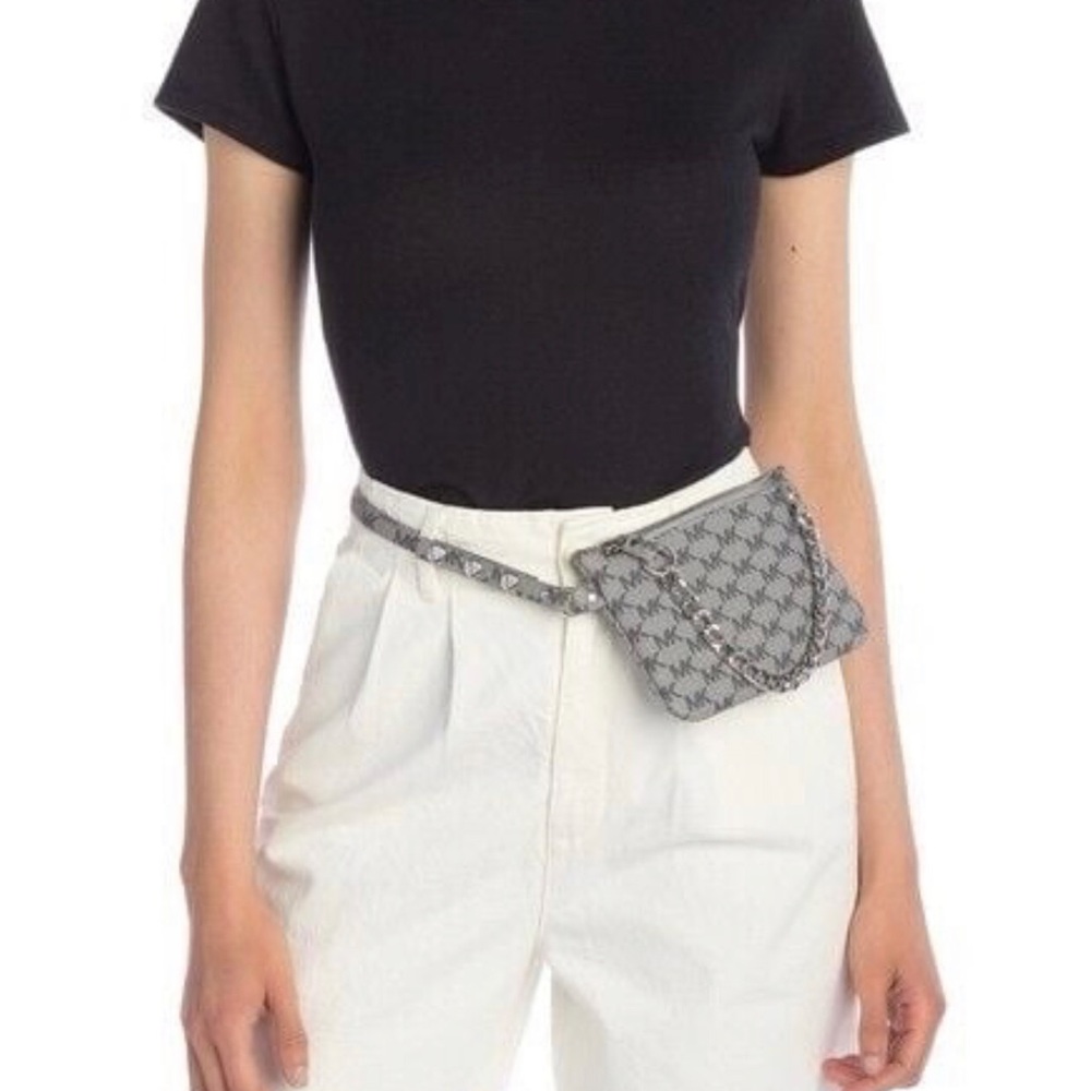 NWOT Michael Kors grey MK Signature Fanny Pack Belt Bag Medium with silver chain